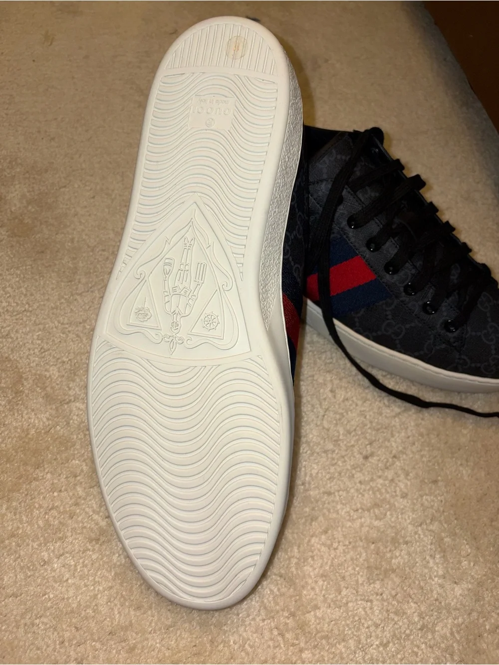 Gucci Black GG Canvas Sneaker with Red & Navy Web Stripe